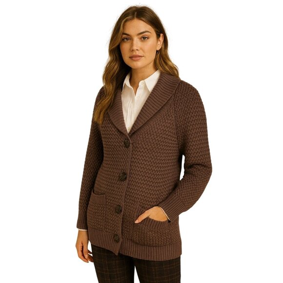 Classic Shawl Collar Buttoned Cardigan Sweater Medium Brown Cotton Blend Preppy - Picture 1 of 8